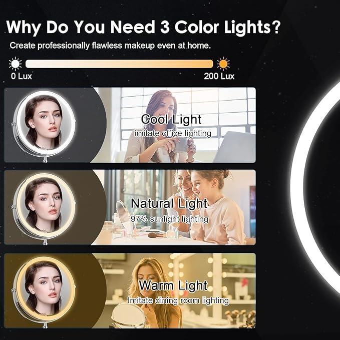 Lighted Makeup Mirror, 3000 mAh Rechargeable Double Sided Magnifying Vanity Mirror with 3 Colors, 1x/10x, 360° Rotation , Brightness Adjustable Magnification Cosmetic Light up Mirror, Women Gift - ModernBath