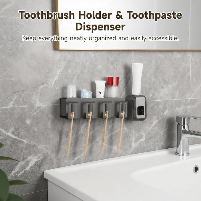 Toothbrush Holder with Toothpaste Dispenser, 4-Slot Wall Mounted Toothbrush Organizer, Self-Adhesive Toothbrush Storage with Automatic Toothpaste Squeezer for Bathroom - ModernBath