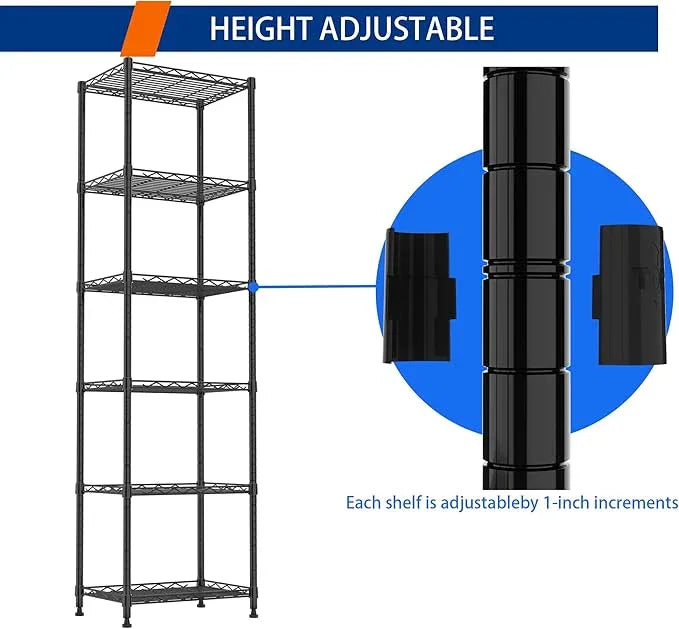 REGILLER 6 Wire Shelving Steel Storage Rack Adjustable Unit Shelves for Laundry Bathroom Kitchen Pantry Closet(Black,11.7" D x 16.8" W x 63" H) - ModernBath