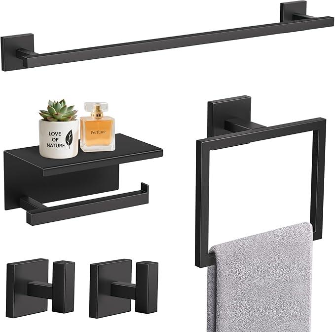 TURS 5-Pieces Matte Black Bathroom Hardware Accessories Set 23.6" Towel Bar Set Wall Mounted Square Toilet Paper Holder with Shelf Stainless Steel - ModernBath