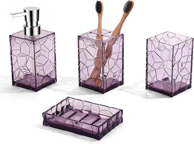 GAHEFY Lavender Purple Bathroom Accessories Set with Toothbrush Holder, Soap Dispenser, Tumbler, Soap Dish, Purple Bathroom Decor,Acrylic (Purple-4pcs) - ModernBath