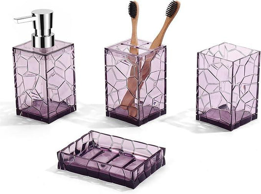 GAHEFY Lavender Purple Bathroom Accessories Set with Toothbrush Holder, Soap Dispenser, Tumbler, Soap Dish, Purple Bathroom Decor,Acrylic (Purple-4pcs) - ModernBath