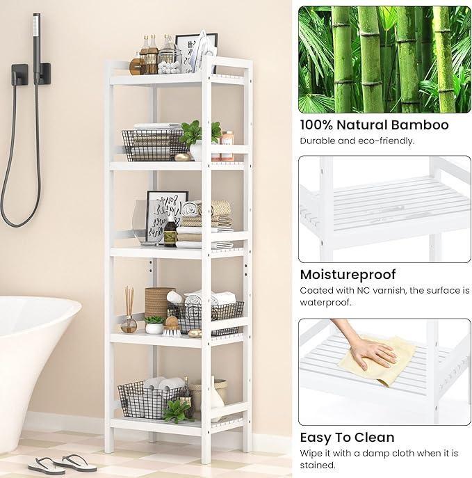 Homykic Bamboo Bookshelf, 5-Tier Narrow 55.9” Adjustable Book Shelf Bookcase Bathroom Shelves Freestanding Storage Stand for Living Room, Bedroom, Kitchen, Rust Resistance, Easy Assembly, White - ModernBath