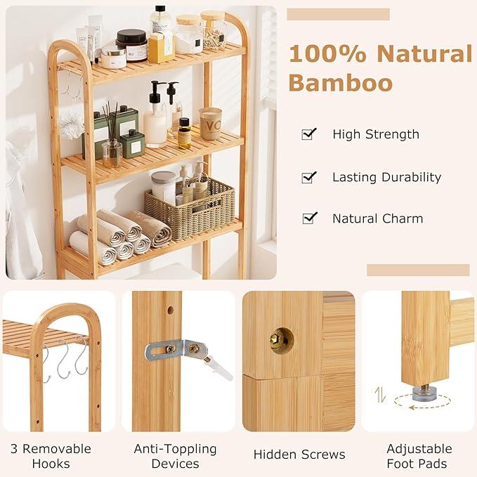 Giantex Over The Toilet Storage Cabinet, 3-Tier Bamboo Bathroom Shelves Over Toilet w/3 Hooks, Adjustable Shelves & Waterproof Feet Pad, Over Toilet Bathroom Organizer for Laundry, Balcony, Restroom - ModernBath