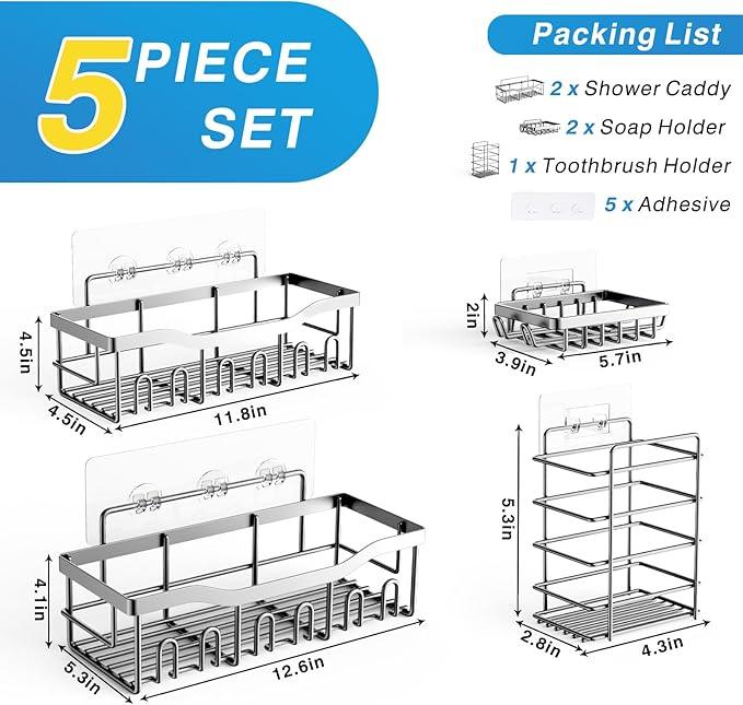 EUDELE 5-Pack Rustproof Stainless Steel Shower Caddy – No Drill Adhesive Bathroom Organizer with Large Capacity, Spacious Shower Shelves for Inside Shower, Kitchen & Home Decor Storage-XL Size - ModernBath