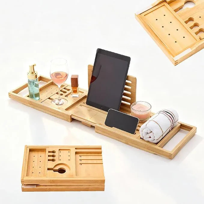Premium Foldable Bamboo Bathtub Tray Caddy, Expandable Bath Caddy Tray with Holder, Natural Bath Shelf Over Tub, Spa Bathroom Accessories & Gifts for Home - ModernBath