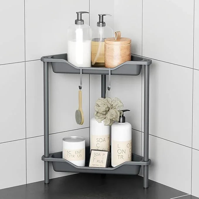 ODesign 2 Tier Floor Standing Corner Shower Caddy Organizer Plastic Metal Splicing Shelf Storage Rack for Bathroom Grey - Rustproof - ModernBath