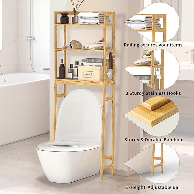 BAMBANG Over The Toilet Storage Rack, 3-Tier Over The Toilet Storage Shelf with 3 Hooks, Freestanding Above Toilet Bathroom Organizer Shelves for Space Saver Storage, Bamboo Natural - ModernBath