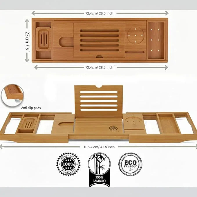 Bamboo Bathtub Caddy Tray Expandable & Foldable Bath Shelf with Book, Tablet & Wine Holder Adjustable Wooden Bath Tray for Relaxing Spa at Home – Fits Most Tub Sizes. - ModernBath
