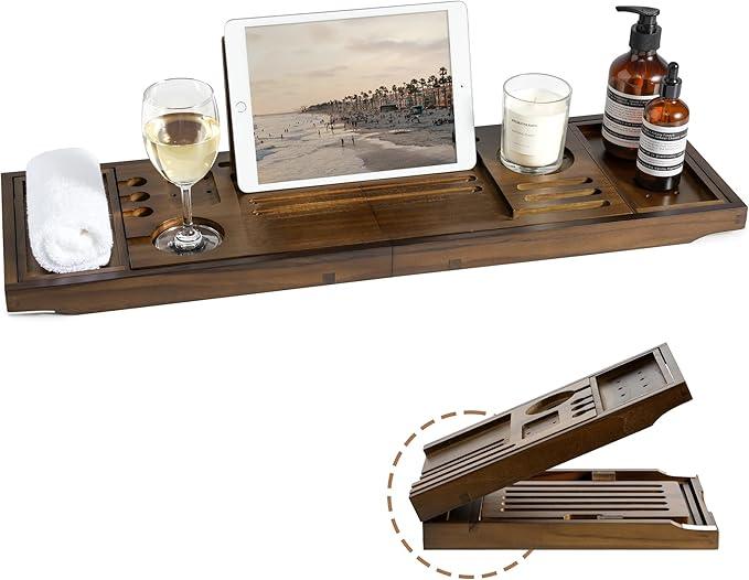 Realgulf Teak Bathtub Tray | Adjustable Width Tray with Wine Holder, Tablet/Phone & Book Stand, Splash-Proof for Bath Time- Walnut - ModernBath