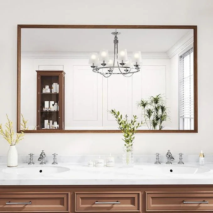 WEER 60X36 Inch Framed Bathroom Mirror, Walnut Rectangular Framed Mirror, Large Wall Mounted Vanity Mirror, Wood Grain Farmhouse Mirror, Tempered Glass, Anti-Rust, Horizontal or Vertical - ModernBath