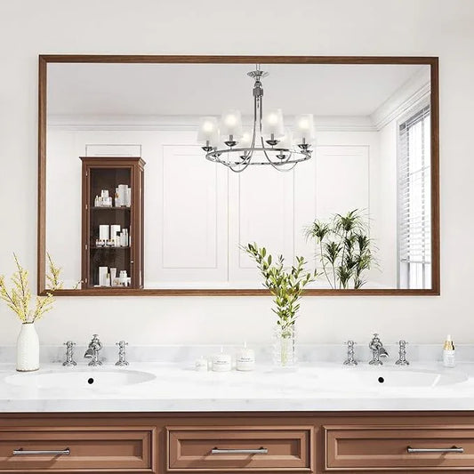 WEER 60X36 Inch Framed Bathroom Mirror, Walnut Rectangular Framed Mirror, Large Wall Mounted Vanity Mirror, Wood Grain Farmhouse Mirror, Tempered Glass, Anti-Rust, Horizontal or Vertical - ModernBath
