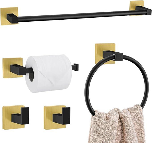 Lairuier 5-Piece Black Gold Bathroom Hardware Set, Bathroom Accessories Set with Towel Bar, Toilet Paper Holder and 2 Towel Hooks SUS304 Stainless Steel Towel Bar Set Wall Mounted - ModernBath