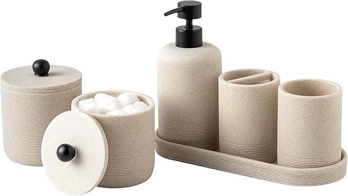 Haocoott Bathroom Accessories Set, 6 PCS Modern Bathroom Accessory Set with 15.2 OZ Soap Dispenser, Toothbrush Holder, Vanity Tray, Tumbler, 2 PCS Qtip Holders (Beige) - ModernBath
