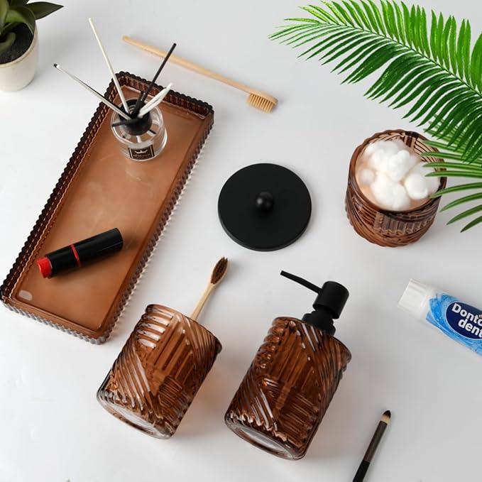 Bathroom Accessories Set,4 Pcs Amber Glass Bathroom Accessories Sets Complete with Lotion Soap Dispenser,Toothbrush Holder,Qtip Holder Dispenser and Vanity Tray,Bathroom Countertop Vanity Organizer - ModernBath