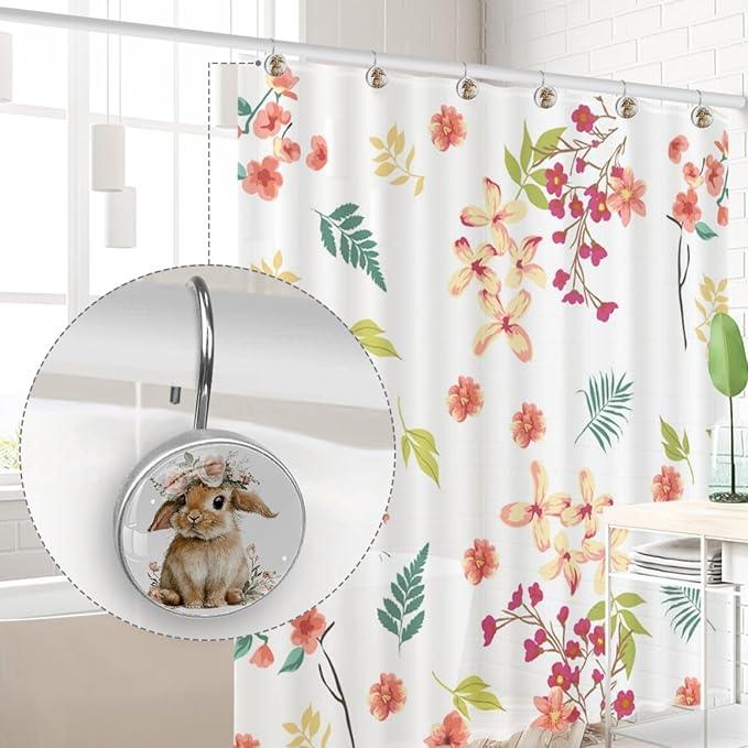 Cute Rabbits and Florals Rust Proof Shower Curtain Hooks 12Pcs for Bathroom Shower Rod, Decorative Shower Hooks Shower Curtain Hanger Rings Roller, Glass, Resin, Stainless Steel - ModernBath