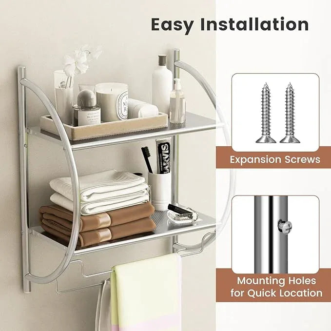 GOFLAME Wall Mounted Bathroom Shelf, 2-Tier Chrome Towel Rack with Leaky Design Shelves, Towel Bars, Chrome Bathroom Shelf for Living Room Kitchen Bathroom (1, Silver) - ModernBath