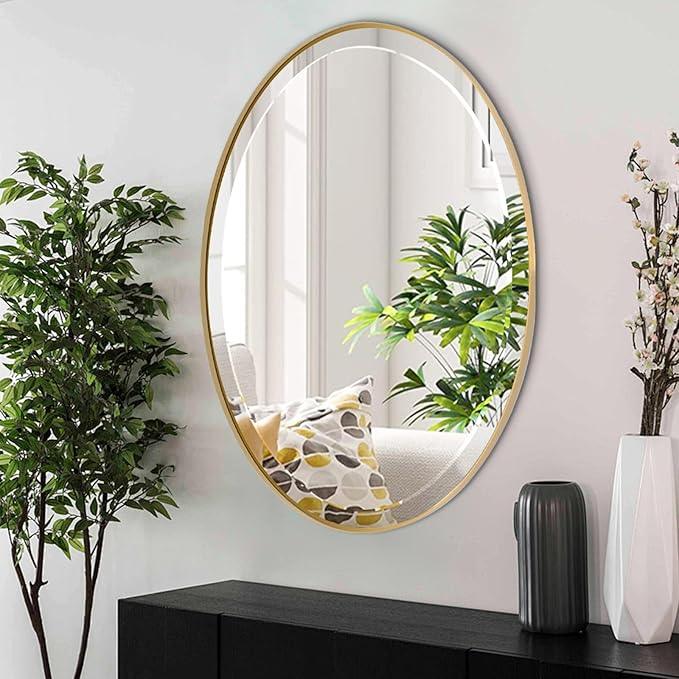 POZINO Brushed Gold Beveled Mirror, 24"x36" Brass Oval Mirrors, Bathroom Mirror for Over Sink, Modern Rounded Vanity Wall Mirrors in Premium Stainless Steel Frame, Hangs Horizontal Or Vertical - ModernBath