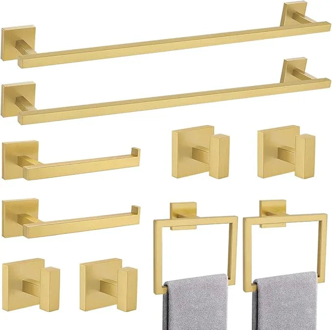 TQKAG Brushed Gold Bathroom Hardware Accessories Set 10 Pieces, 23.6" SUS304 Stainless Steel Towel Bar Set Wall Mounted Includes Single Towel Bar, Towel Ring, Toilet Paper Holder, Double Towel Hooks - ModernBath