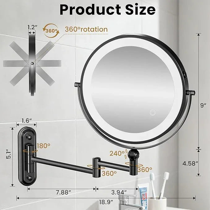Rocollos Rechargeable Wall Mounted Lighted Makeup Mirror, 8 Inch Double-Sided LED Vanity Mirror 1X/10X Magnification,3 Color Lights Touch Screen Dimmable (Black-30X) - ModernBath