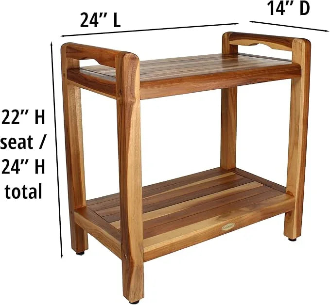 EcoDecors Eleganto 22" H Seat / 24" H Total Extended Height Teak Shower Bench | Supports up to 250 lbs, Safe and Stable Seating | Waterproof Wood Stool for Bathroom | Built-in Shelf - ModernBath