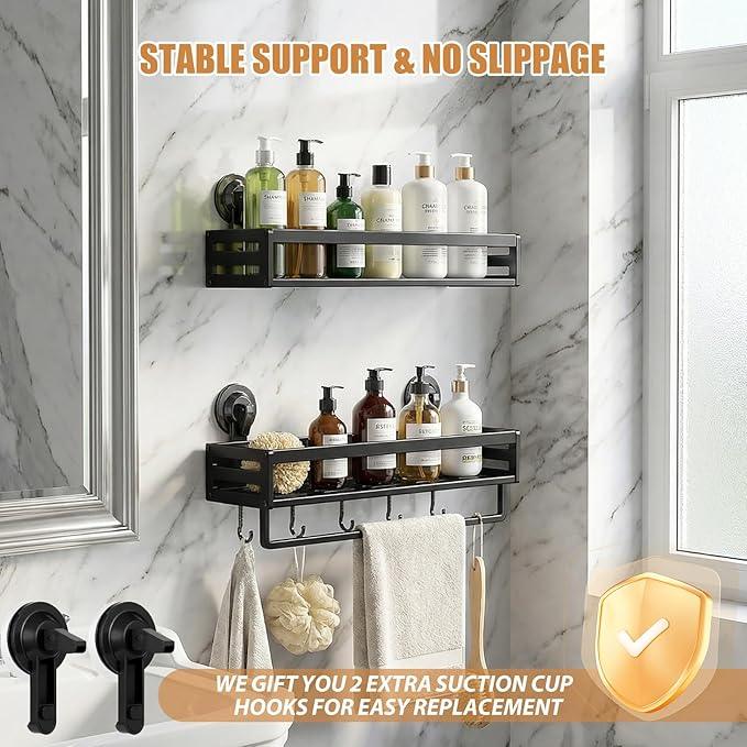 CIBOTIES Shower Caddy Suction Cup, 11.8 inch 2 Pack Suction Shower Shelf with Hooks NO-Drilling Bathroom Holder, Rustproof Bathroom Organizer, Black,Includes 2 Extra Suction Cups for Replacement Use - ModernBath