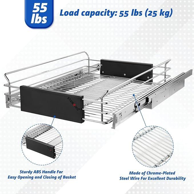 Expandable Pull Out Cabinet Organizer, Slide Out Drawers for Kitchen Cabinets, Heavy Duty Storage Drawers, Chrome Plated Cabinet Wire Shelf, Adjustable Width 12.5~20.2" W x 17.3" D - ModernBath