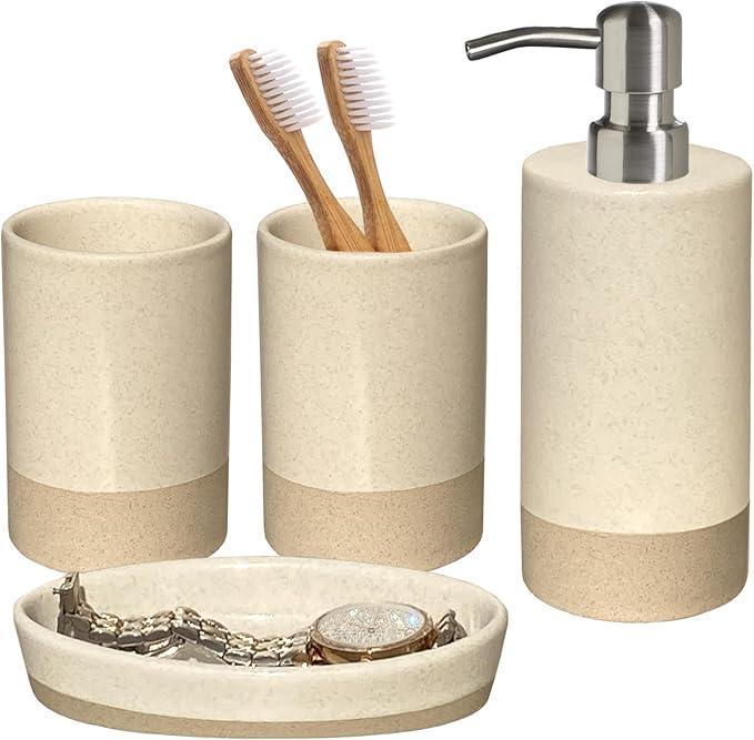 CAAS Bathroom Accessories Set 4, Beige Soap Dispenser for Bathroom, Toothbrush Holder,Tumbler Cup and Soap Dish, New Apartment Essentials, Modern Beige Bathroom Décor (Rustic) - ModernBath