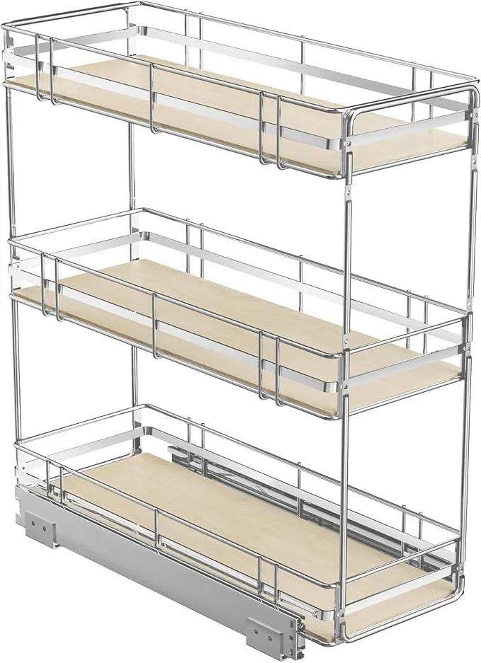 ROOMTEC 3-Tier Pull Out Cabinet Organizer Spice Rack for Narrow Cabinet 9" W x 20½" D, Slide Out Wood Shelves Storage for Kitchen - ModernBath