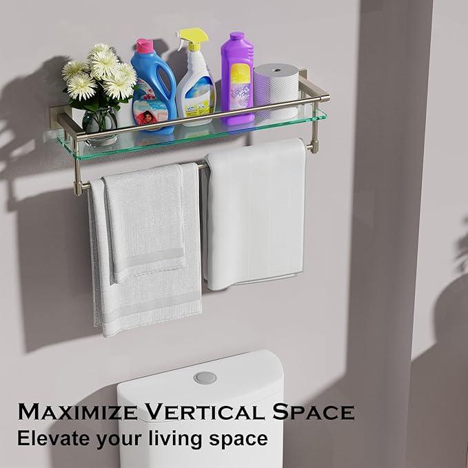 24-Inch Modern Wall-Mounted Bathroom Glass Shelf with 1 Shelf, Brushed Nickel, 1 Towel Bar, 45 lbs Weight Capacity - ModernBath