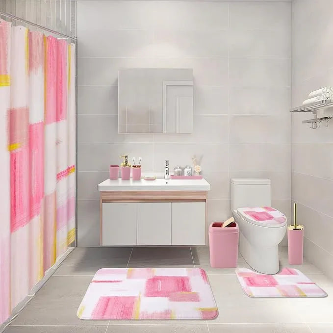 XLHOMO Bathroom Set - Pink and Gold Bathroom Accessories Set, Bathroom Sets with Shower Curtain and Rugs, Pink Shower Curtain Set with Bathroom Trash Can, Soap Dispenser, Soap Dish for Home Decor - ModernBath