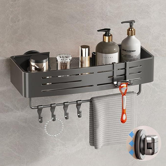 Voldra Shower Caddy Suction Cup, 1 Pack Shower Shelves for Inside Shower No Drilling, Aluminum Suction Showers Organizer with Towel Bar & Hooks Removable Bathroom Shelf Storage Rack(Gray) - ModernBath
