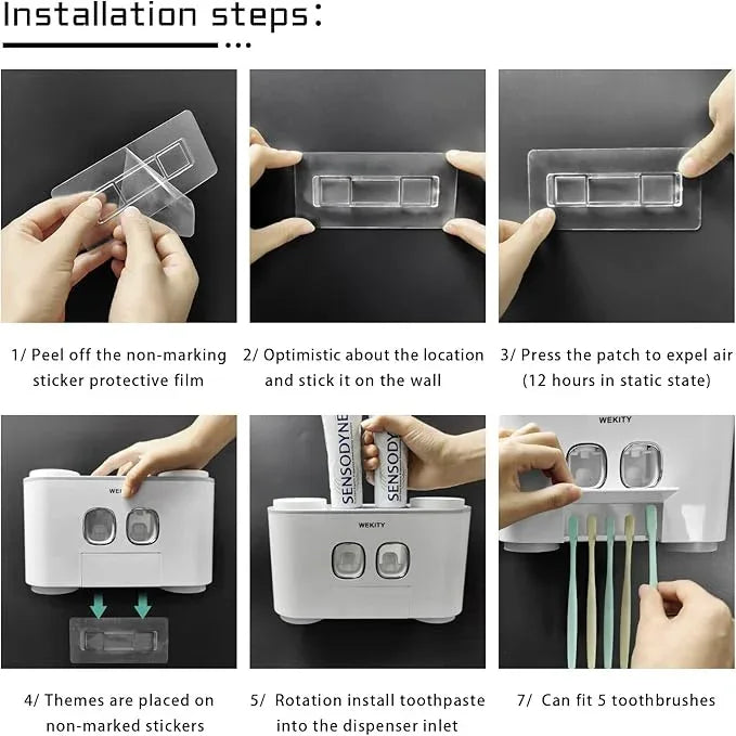 Toothbrush Holder WREWING Multi-Function Wall-Mounted Automatic Toothpaste Dispenser and Dust-Proof Toothbrush Holder with 5 Brush Slots 4 Cups 2 Automatic Toothpaste Dispensers 1 Storage Slot (Grey) - ModernBath