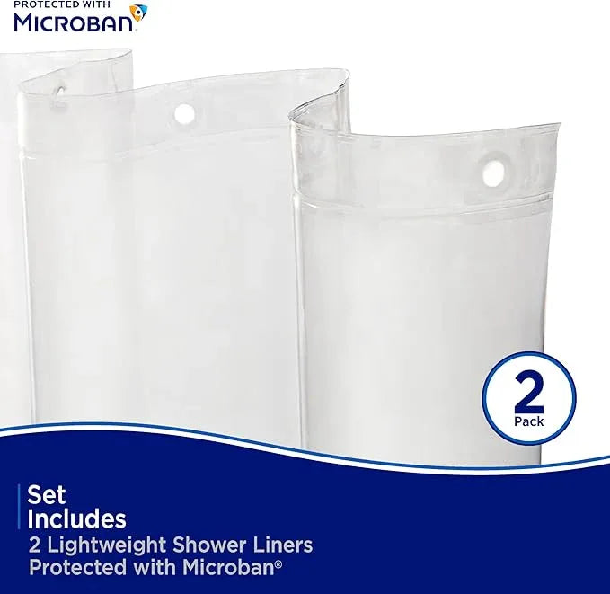 Kenney MB61122PK2 Microban Protected Lightweight 2.8 Gauge Waterproof PEVA Shower Curtain Liner with Durable Eyelet Hang Holes and Weighted Magnetic Hem for Bathroom, 70" W x 72" H, Clear, 2-Pack - ModernBath