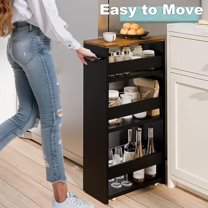 MARTY Rolling Storage Cart 7.9" W, 4-Tier Kitchen Cart with Wheels Handle, Slim Storage Cart Mobile Shelving Utility Carts for Bathroom Laundry Room Organization Narrow Places (Black) - ModernBath