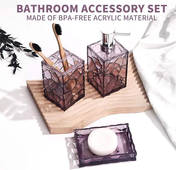 GAHEFY Lavender Purple Bathroom Accessories Set with Toothbrush Holder, Soap Dispenser, Tumbler, Soap Dish, Purple Bathroom Decor,Acrylic (Purple-4pcs) - ModernBath