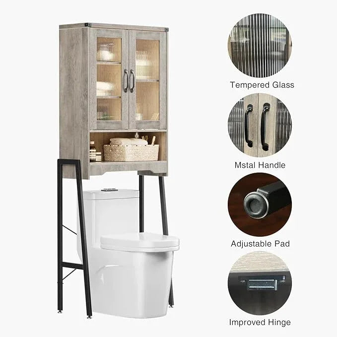 Over The Toilet Storage Cabinet with Tempered Glass Doors and Adjustable Shelf, Bathroom Organizer with Metal Stand Space Saver Over Toilet , Modern Toilet Rack for Bathroom, Restroom, Laundry, Grey - ModernBath