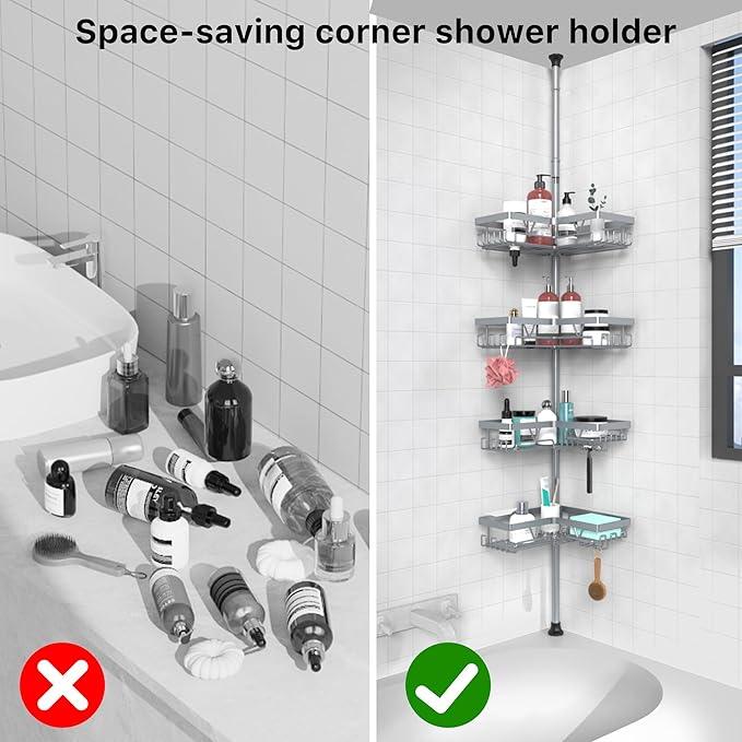 KEGII 4-Tier Corner Shower Caddy Tension Pole - Adjustable Shower Tension Rod Organizer, Floor to Ceiling Shower Caddy 25-114.2 inch, Shower Towel Rack Corner Waterproof, Light Gray - ModernBath