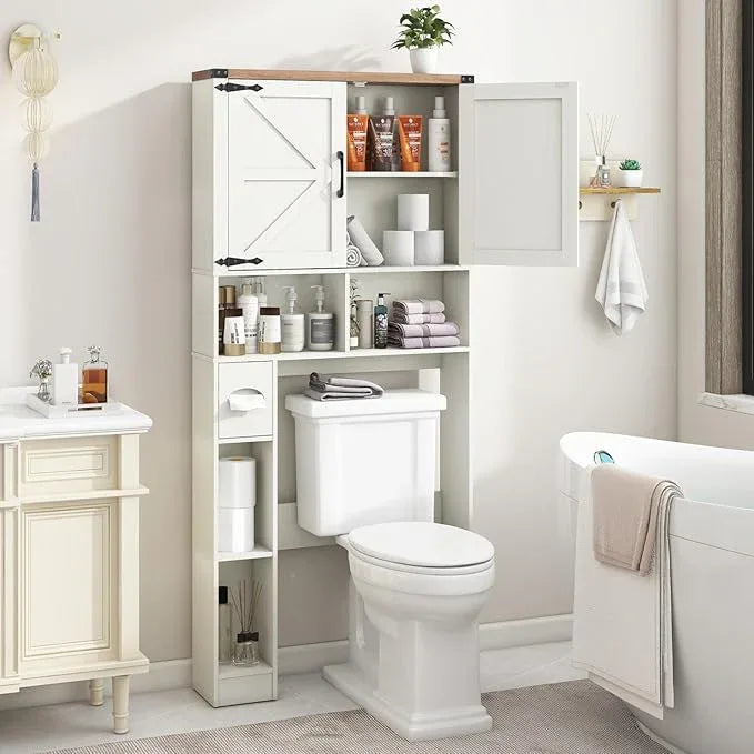 Vabches Over The Toilet Storage Cabinet, Farmhouse Storage Cabinet Over Toilet with 2 Barn Doors && Toilet Paper Holder Stand，Home Space-Saving Toilet Rack, for Laundry, Restroom, Bathroom - ModernBath