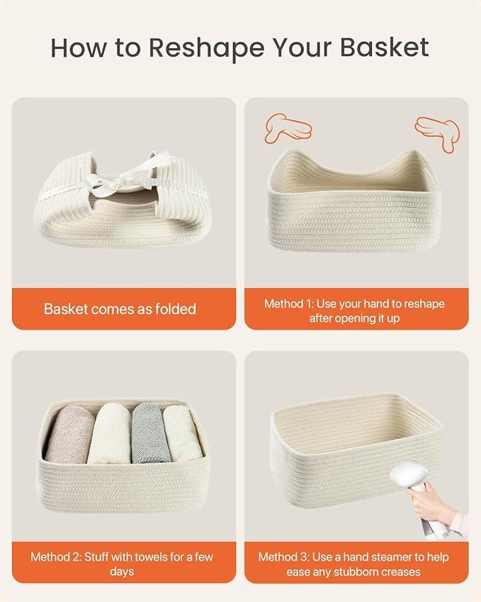 KALLAX Small Woven Basket, 12 x 8 x 4.5 Inches, Storage Basket for Organizing, Cute Small Rope Shelf Closet Cube Storage Bins Baskets for Shelves, Dog Toy Gift Baskets Empty, 3 Packs, Off White - ModernBath