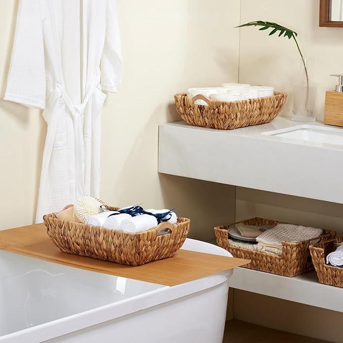 Wicker Baskets 2 Pack, Water Hyacinth Wicker Storage Basket with Wooden Handles, Hand-Woven Baskets for Storage, Natural - ModernBath