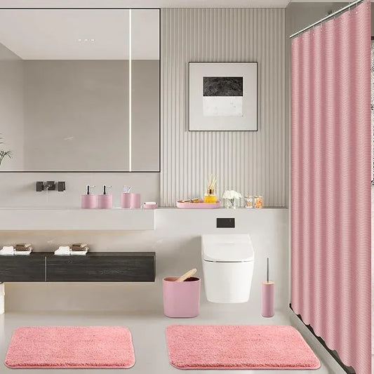 XLHOMO Bathroom Set - Pink Bathroom Accessories Set, Bathroom Sets with Shower Curtain and Rugs, 25PC Shower Curtain Set with Hooks, Soap Dispenser, Soap Dish, Toilet Brush Holder and Trash Can - ModernBath