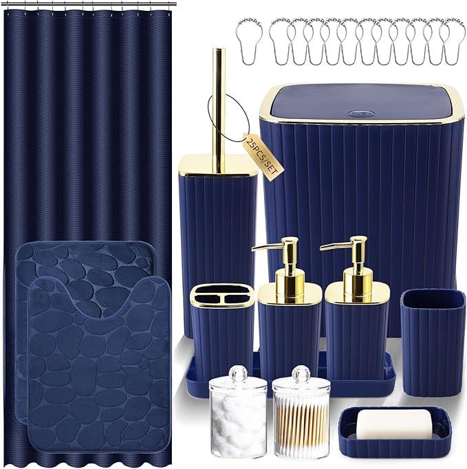 XLHOMO Bathroom Set with Shower Curtain and Rugs- 25PC Blue Bathroom Accessory Set, Navy Blue Shower Curtain Set, Toilet Brush, Trash Can, Qtip Holder Dispenser & Soap Dispenser - ModernBath