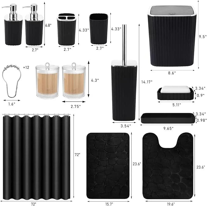 XLHOMO Bathroom Accessories Set - 25PC Black Bathroom Set, Bathroom Set with Shower Curtain and Rugs, Black Shower Curtain Set & Bathroom Rugs - ModernBath