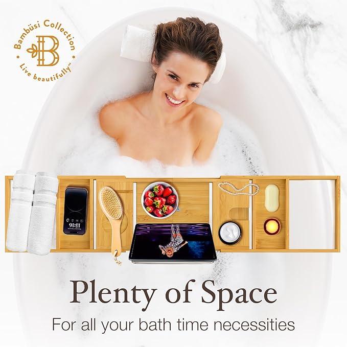 Wooden Bathtub Tray - Foldable Expandable Bamboo Bath Tray for Tub with Wine Holder, Book & Tablet Stand - Bath Caddy for Bathtub, Spa Bath Accessories for Women, Tub Tray Table, Gift for Her or Him - ModernBath
