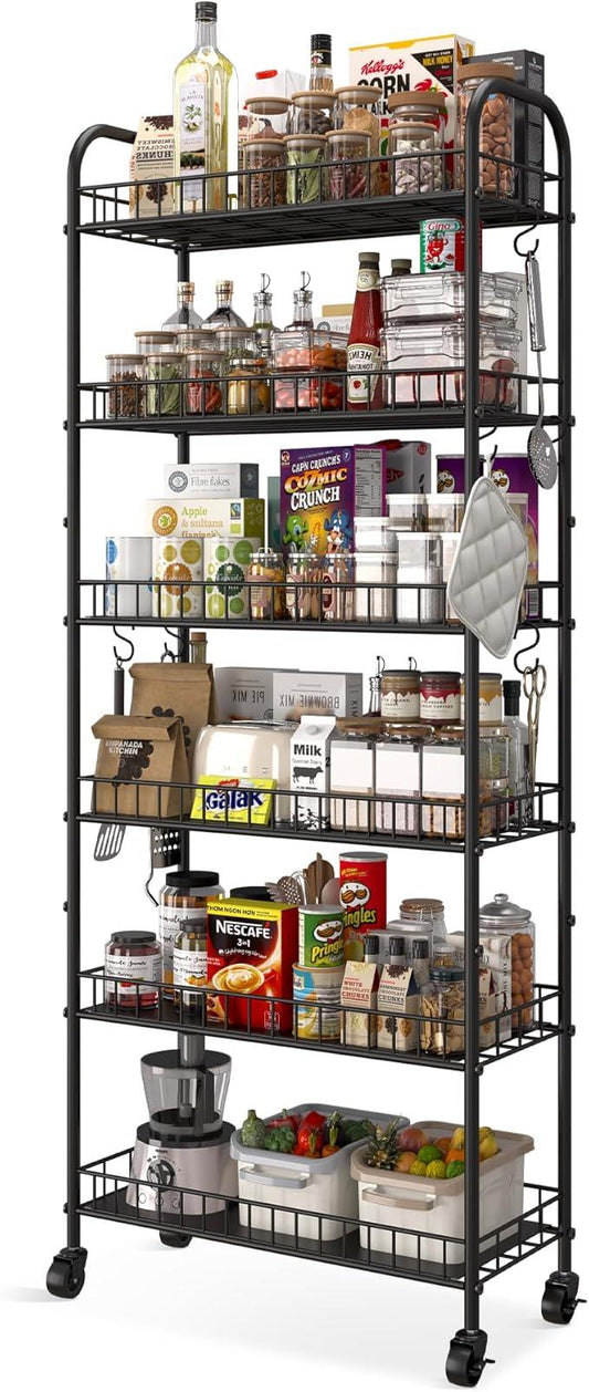 6 Tier Slim Storage Cart with Wheels, Metal Mobile Shelving Unit Organizer Utility Cart for Office Bathroom Kitchen Laundry Room Narrow Places (10inches) - ModernBath
