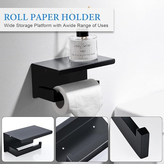 TNOMS 6-Piece Black Bathroom Hardware Set 23.6 Inch Towel Bar Set Double Towel Bar Towel Ring Coat Hook and Toilet Paper Holder with Shelf Wall Mounted Stainless Steel Bathroom Accessories Set - ModernBath