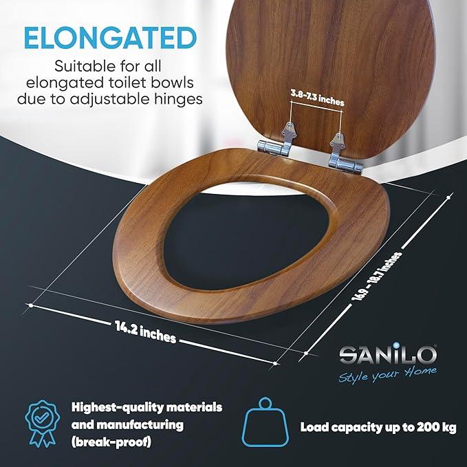 SANILO Wooden Toilet Seat with Soft Close [ELONGATED] - Decorative, Quiet & Slow Close Molded Wood Seat - With Strong Bumpers & Hinges - Adjustable Fit - Mahogany - ModernBath