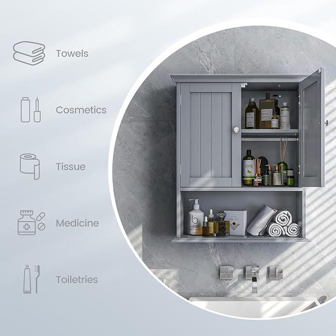 Tangkula Bathroom Wall Cabinet, Wooden Hanging Cabinet with Doors & Shelves, Multipurpose Storage Cabinet for Restroom Kitchen Living Room, Wall Mounted Bathroom Medicine Cabinet (Grey) - ModernBath