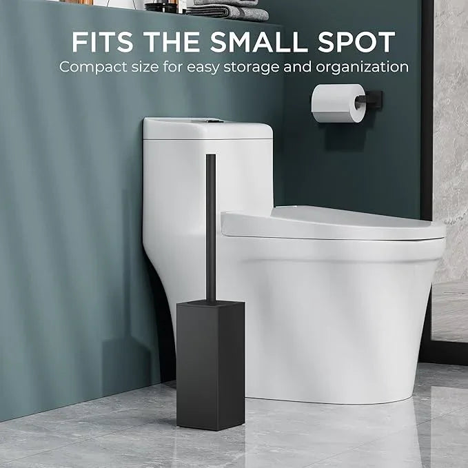 FORIOUS Toilet Brush and Holder Set, Heavy Duty 304 Stainless Steel Base Square and Long Handle for Bathroom Deep Cleaning, Drip-Proof, Space Saving for Storage, 2 Toilet Bowl Brush Head, Black - ModernBath
